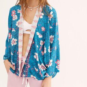 FREE PEOPLE KONA PRINT KIMONO OPEN FRONT CARDIGAN TOP BLUE